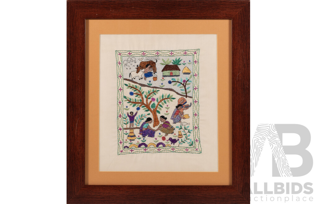 Artist Unknown, (20th Century, Bangladeshi), Village Life, Wonderful Vintage Silk Embroidered Panel, 47 x 42 cm (frame)