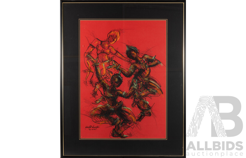 Sivarajah Natarajan (20th Century, Malaysian School, 1967-), Trio Traditional Dancers, Mixed Media Pastel on Red Card, 92 x 73 cm (frame)