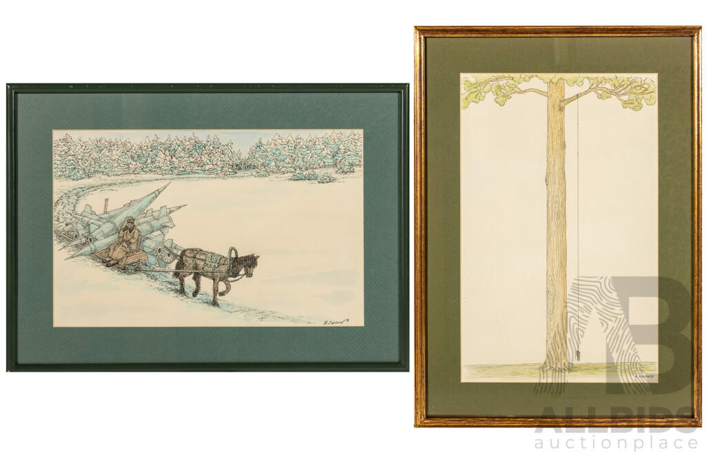 Slava Syssoev (20th Century, Russian, 1937-), Transporting Missiles Through Snow & Hanging From High Tree, Pair Very Interesting Original Ink & Watercolours, 34 x 48 cm & 48 x 34 cm (frames) (2)
