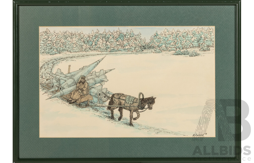 Slava Syssoev (20th Century, Russian, 1937-), Transporting Missiles Through Snow & Hanging From High Tree, Pair Very Interesting Original Ink & Watercolours, 34 x 48 cm & 48 x 34 cm (frames) (2)