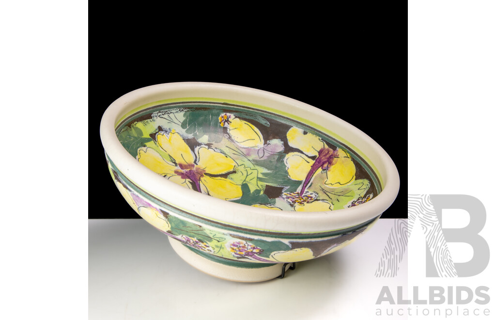 Australian Studio Pottery Footed Centrepiece Bowl with Hand Painted Floral Design by Helen Taylor