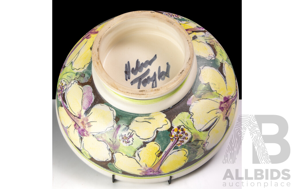 Australian Studio Pottery Footed Centrepiece Bowl with Hand Painted Floral Design by Helen Taylor
