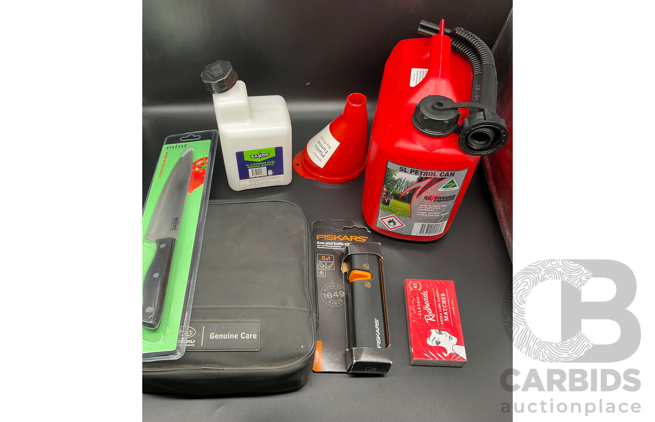 Assorted Kitchen Accessories, Jerry Can and SUBARU Cleaning Kit - Lot of 7