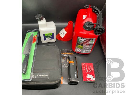 Assorted Kitchen Accessories, Jerry Can and SUBARU Cleaning Kit - Lot of 7