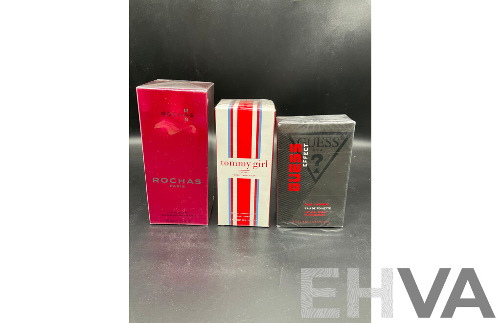 ROCHAS Man 100ml Eau De Toilette, TOMMY HILFIGER Tommy Girl 100ml Eau De Toilette, GUESS Effect 100ml Eau De Toilette - Lot of 3