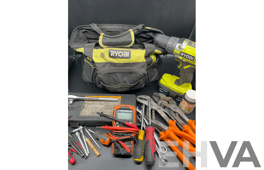 RYOBI Tool Bags with Tools and Hammer Drill with Battery
