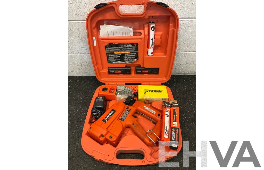 PASLODE Impulse Angled Finish Nailer (IM250A), Battery Charger, Spare Batteries and Accessories