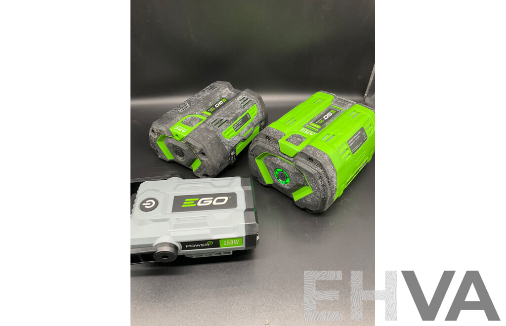 EGO 10.0Ah 56V Lithium-Ion ARC Battery, EGO 5.0Ah 56V Lithium-Ion ARC Battery and AC/DC Inverter - Lot of 3