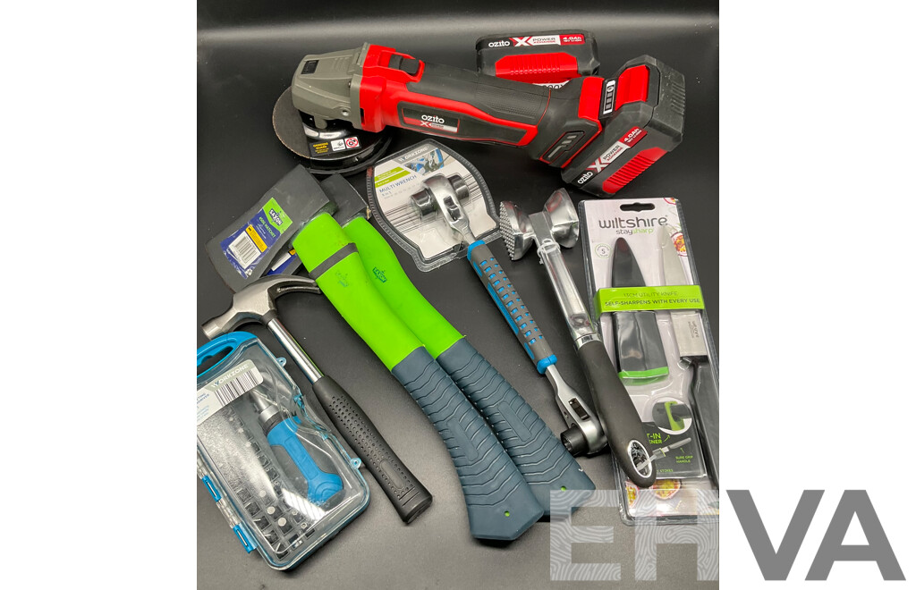 Assorted Tools and Kitchen Accessories, Including OZITO Angle Grinder with Batteries, SAXON Hatchet and More - Lot of 8