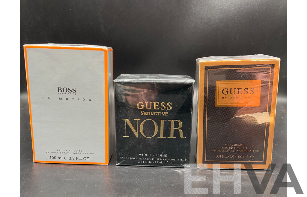 HUGO BOSS in Motion 100ml Eau De Toilette, GUESS Seductive Noir 75ml Eau De Toilette, GUESS by Marciano 100ml Eau De Toilette  - Lot of 3