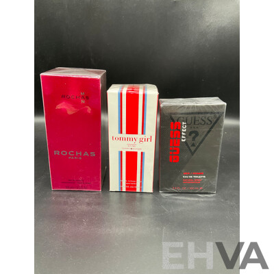 ROCHAS Man 100ml Eau De Toilette, TOMMY HILFIGER Tommy Girl 100ml Eau De Toilette, GUESS Effect 100ml Eau De Toilette - Lot of 3