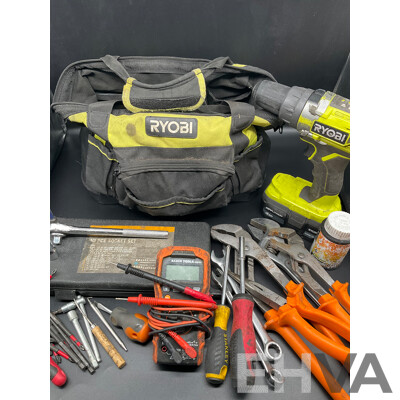 RYOBI Tool Bags with Tools and Hammer Drill with Battery