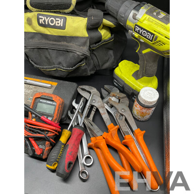 RYOBI Tool Bags with Tools and Hammer Drill with Battery