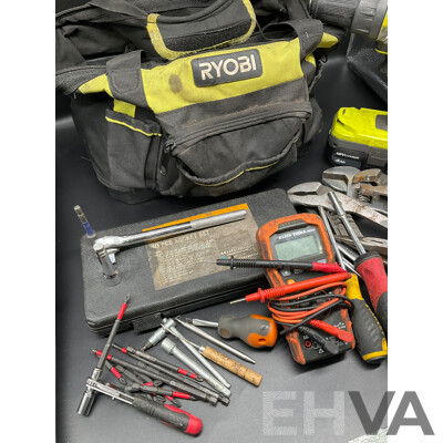 RYOBI Tool Bags with Tools and Hammer Drill with Battery