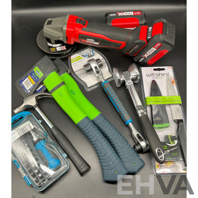 Assorted Tools and Kitchen Accessories, Including OZITO Angle Grinder with Batteries, SAXON Hatchet and More - Lot of 8