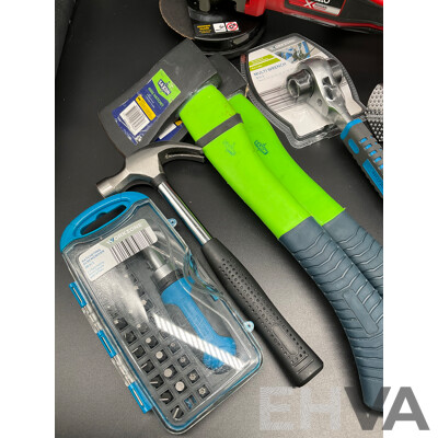 Assorted Tools and Kitchen Accessories, Including OZITO Angle Grinder with Batteries, SAXON Hatchet and More - Lot of 8