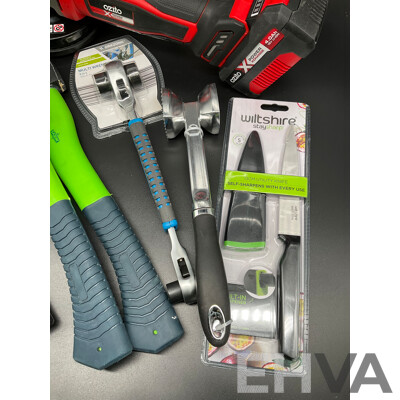 Assorted Tools and Kitchen Accessories, Including OZITO Angle Grinder with Batteries, SAXON Hatchet and More - Lot of 8