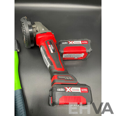 Assorted Tools and Kitchen Accessories, Including OZITO Angle Grinder with Batteries, SAXON Hatchet and More - Lot of 8