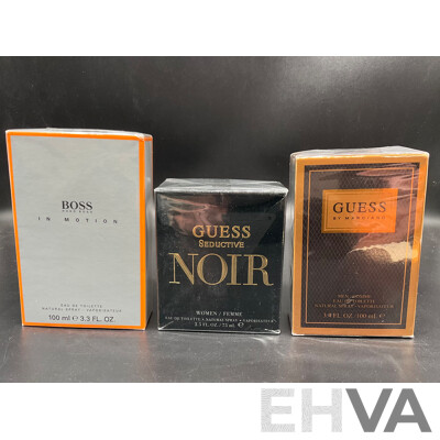 HUGO BOSS in Motion 100ml Eau De Toilette, GUESS Seductive Noir 75ml Eau De Toilette, GUESS by Marciano 100ml Eau De Toilette  - Lot of 3