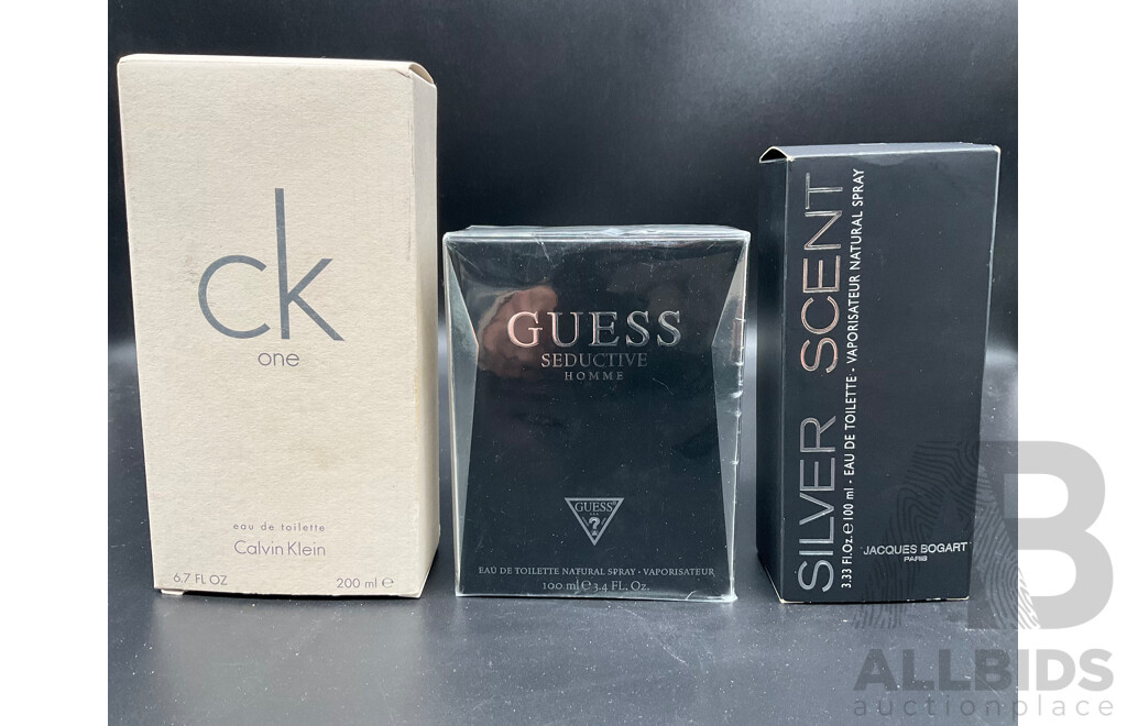 CALVIN KLEIN Ck ONE 200ml Eau De Toilette, GUESS Seductive Homme 100ml Eau De Toilette, JACQUES BOGART Silver Scent 100ml Eau De Toilette - Lot of 3