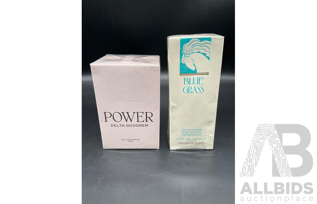 DELTA GOODREM Power 75ml Eau De Parfum, ELIZABETH ARDEN Blue Gras 100ml Eau De Parfum - Lot of 2