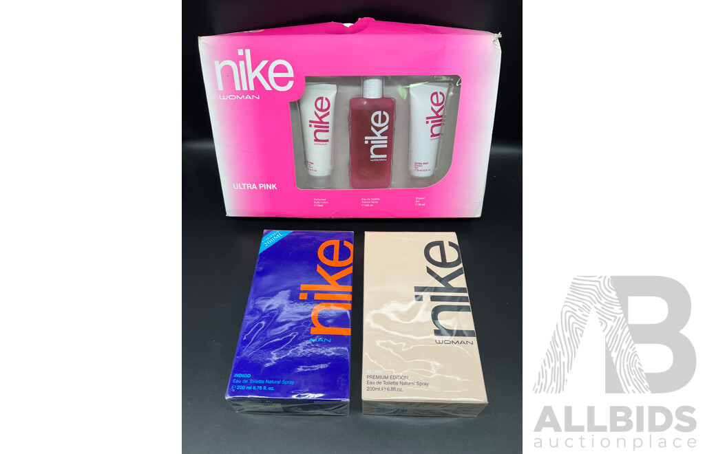 NIKE Women Ultra Ping Gift Pack, NIKE Blush 200ml Eau De Toilette, NIKE Indigo 200ml Eau De Toilette - Lot of 3