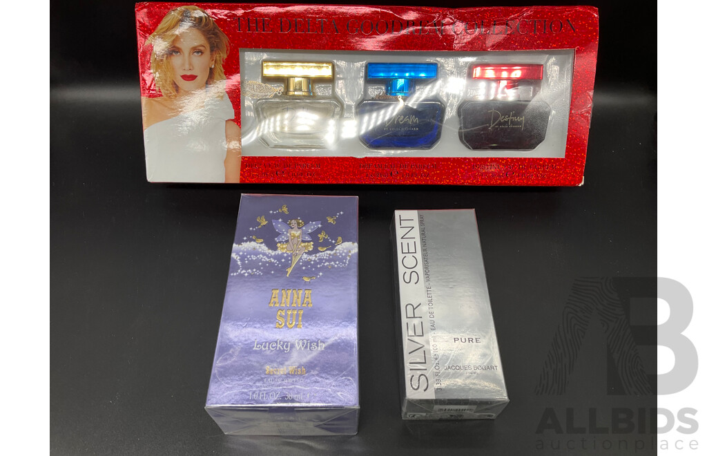DELTA GOODREM Collection Gift Pack, ANNA SUI Lucky Wish 30ml Eau De Toilette, JACQUES BOGART Silver Scent 100ml Eau De Toilette - Lot of 3