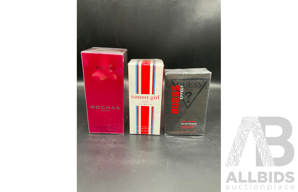ROCHAS Man 100ml Eau De Toilette, TOMMY HILFIGER Tommy Girl 100ml Eau De Toilette, GUESS Effect 100ml Eau De Toilette - Lot of 3
