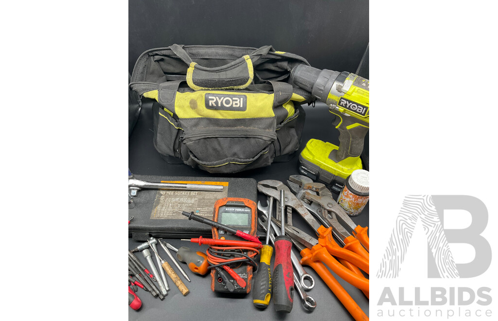RYOBI Tool Bags with Tools and Hammer Drill with Battery