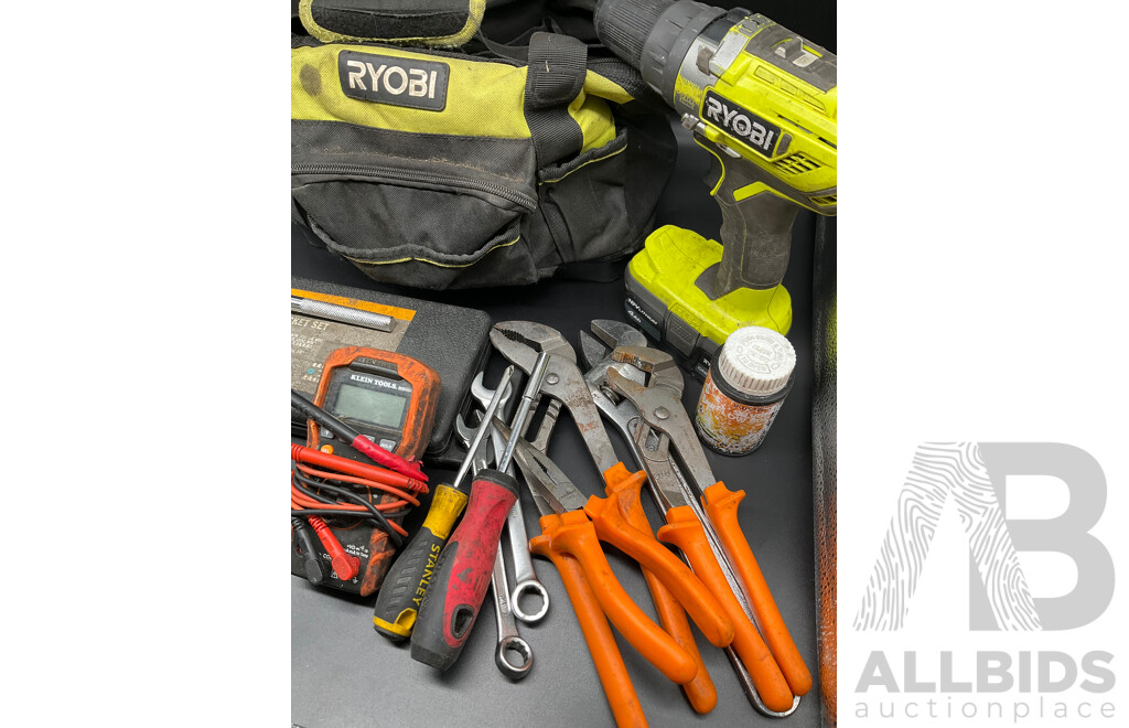 RYOBI Tool Bags with Tools and Hammer Drill with Battery