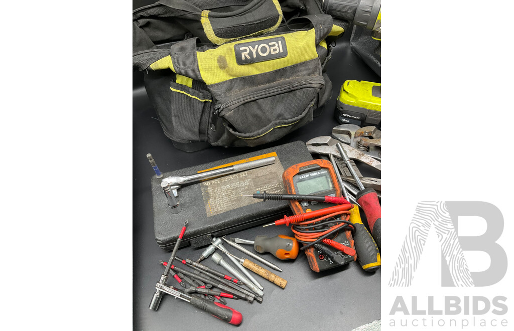 RYOBI Tool Bags with Tools and Hammer Drill with Battery