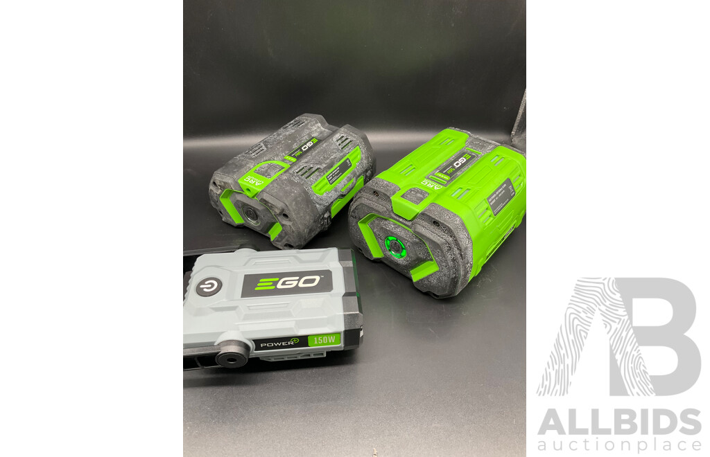 EGO 10.0Ah 56V Lithium-Ion ARC Battery, EGO 5.0Ah 56V Lithium-Ion ARC Battery and AC/DC Inverter - Lot of 3