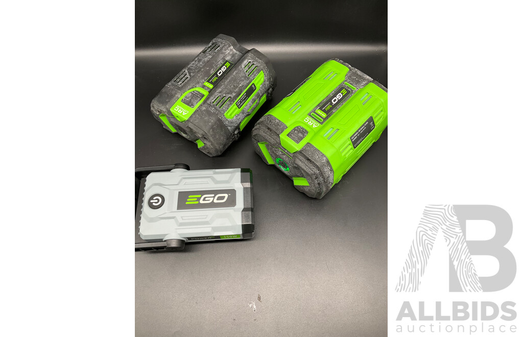 EGO 10.0Ah 56V Lithium-Ion ARC Battery, EGO 5.0Ah 56V Lithium-Ion ARC Battery and AC/DC Inverter - Lot of 3
