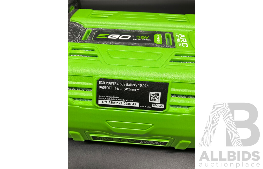 EGO 10.0Ah 56V Lithium-Ion ARC Battery, EGO 5.0Ah 56V Lithium-Ion ARC Battery and AC/DC Inverter - Lot of 3