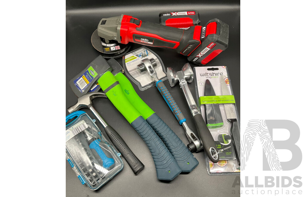 Assorted Tools and Kitchen Accessories, Including OZITO Angle Grinder with Batteries, SAXON Hatchet and More - Lot of 8