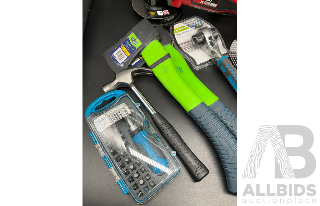 Assorted Tools and Kitchen Accessories, Including OZITO Angle Grinder with Batteries, SAXON Hatchet and More - Lot of 8