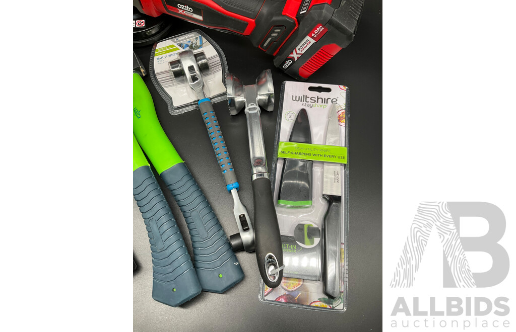 Assorted Tools and Kitchen Accessories, Including OZITO Angle Grinder with Batteries, SAXON Hatchet and More - Lot of 8