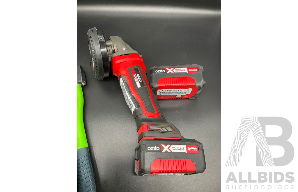 Assorted Tools and Kitchen Accessories, Including OZITO Angle Grinder with Batteries, SAXON Hatchet and More - Lot of 8