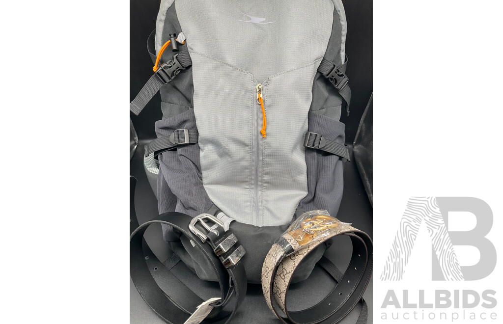 R.M. Williams Leather Belt, Belt Branded Gucci and Aldi Backpack - Lot of 3