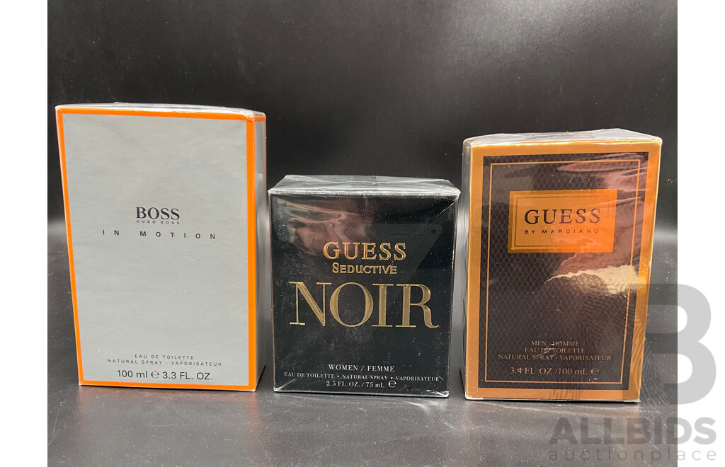 HUGO BOSS in Motion 100ml Eau De Toilette, GUESS Seductive Noir 75ml Eau De Toilette, GUESS by Marciano 100ml Eau De Toilette  - Lot of 3