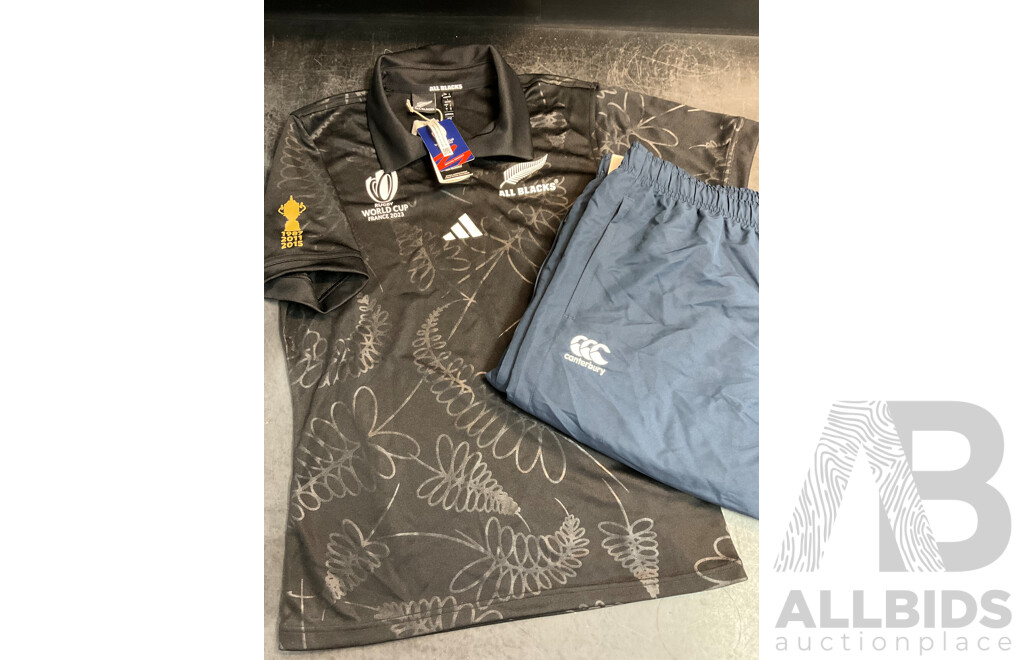 ALL BLACKS ADIDAS Rugby World Vup France 2023 Polo Shirt Size L and CANTERBURY Team Plain Tap Leg Cuffed Trackpants Size 2XL - Lot of 2