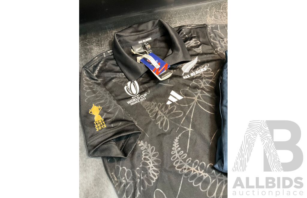 ALL BLACKS ADIDAS Rugby World Vup France 2023 Polo Shirt Size L and CANTERBURY Team Plain Tap Leg Cuffed Trackpants Size 2XL - Lot of 2