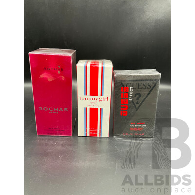 ROCHAS Man 100ml Eau De Toilette, TOMMY HILFIGER Tommy Girl 100ml Eau De Toilette, GUESS Effect 100ml Eau De Toilette - Lot of 3
