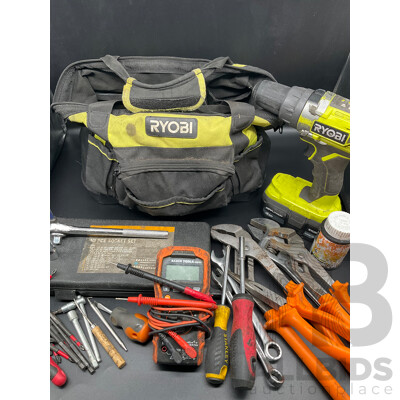 RYOBI Tool Bags with Tools and Hammer Drill with Battery