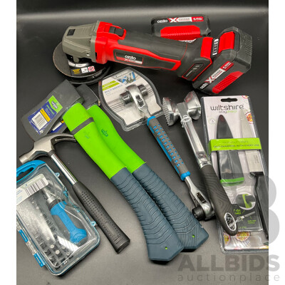 Assorted Tools and Kitchen Accessories, Including OZITO Angle Grinder with Batteries, SAXON Hatchet and More - Lot of 8