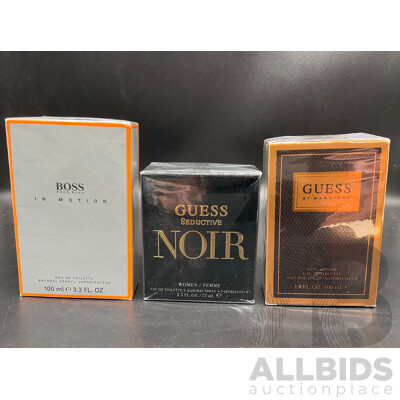 HUGO BOSS in Motion 100ml Eau De Toilette, GUESS Seductive Noir 75ml Eau De Toilette, GUESS by Marciano 100ml Eau De Toilette  - Lot of 3