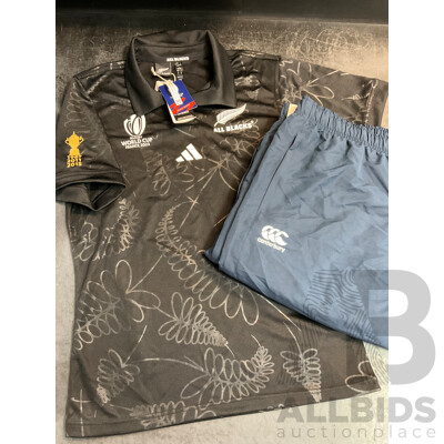 ALL BLACKS ADIDAS Rugby World Vup France 2023 Polo Shirt Size L and CANTERBURY Team Plain Tap Leg Cuffed Trackpants Size 2XL - Lot of 2