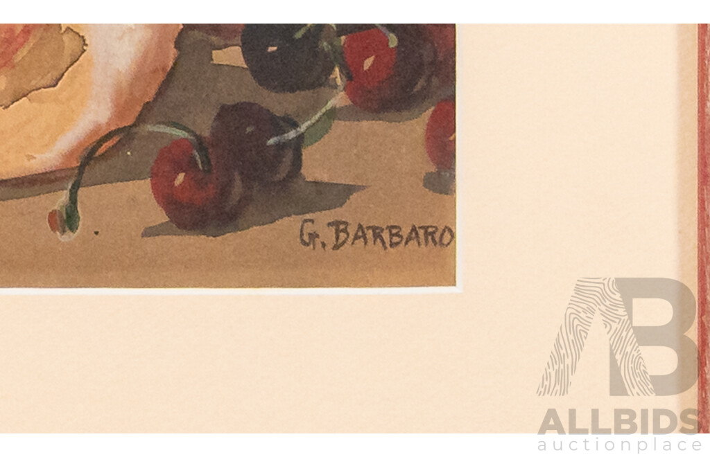 Giovanni Barbaro, (Italian, 19th/Early 20th Century, 1865-1915), Summer Fruits with Blue Vase, Beautiful Antique Original Watercolour, 48 x 82 cm (frame)