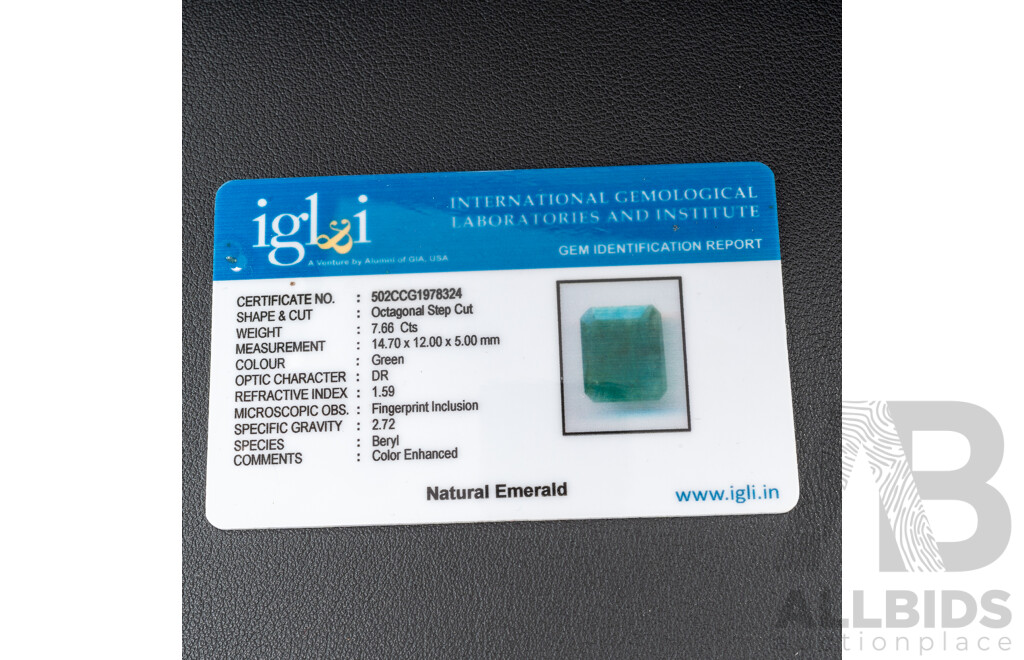Emerald, Natural Unset Emerald Cut Gemstone, 7.66ct - with IGL&I Card