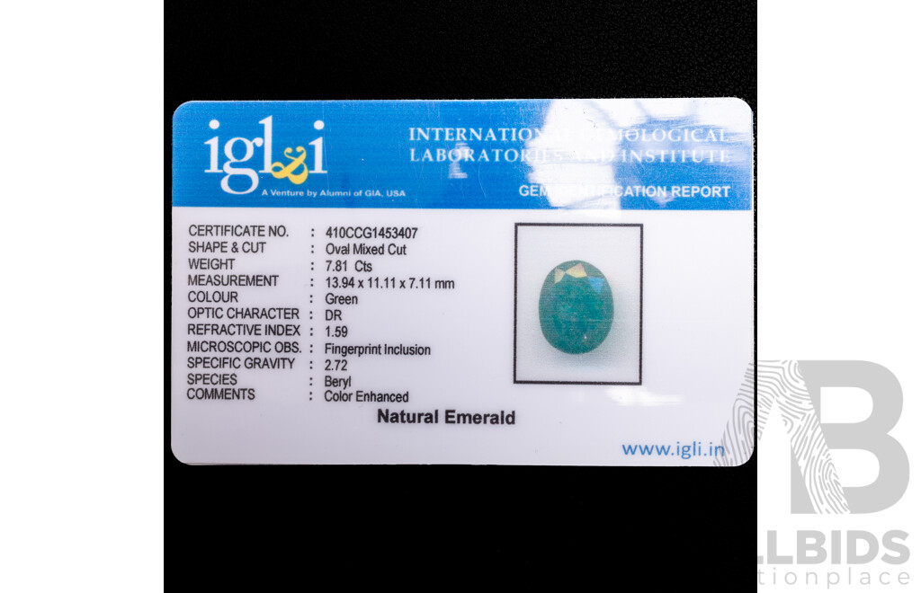 Emerald, Natural Unset Oval Cut Gemstone, 7.81ct - with IGL&I Card